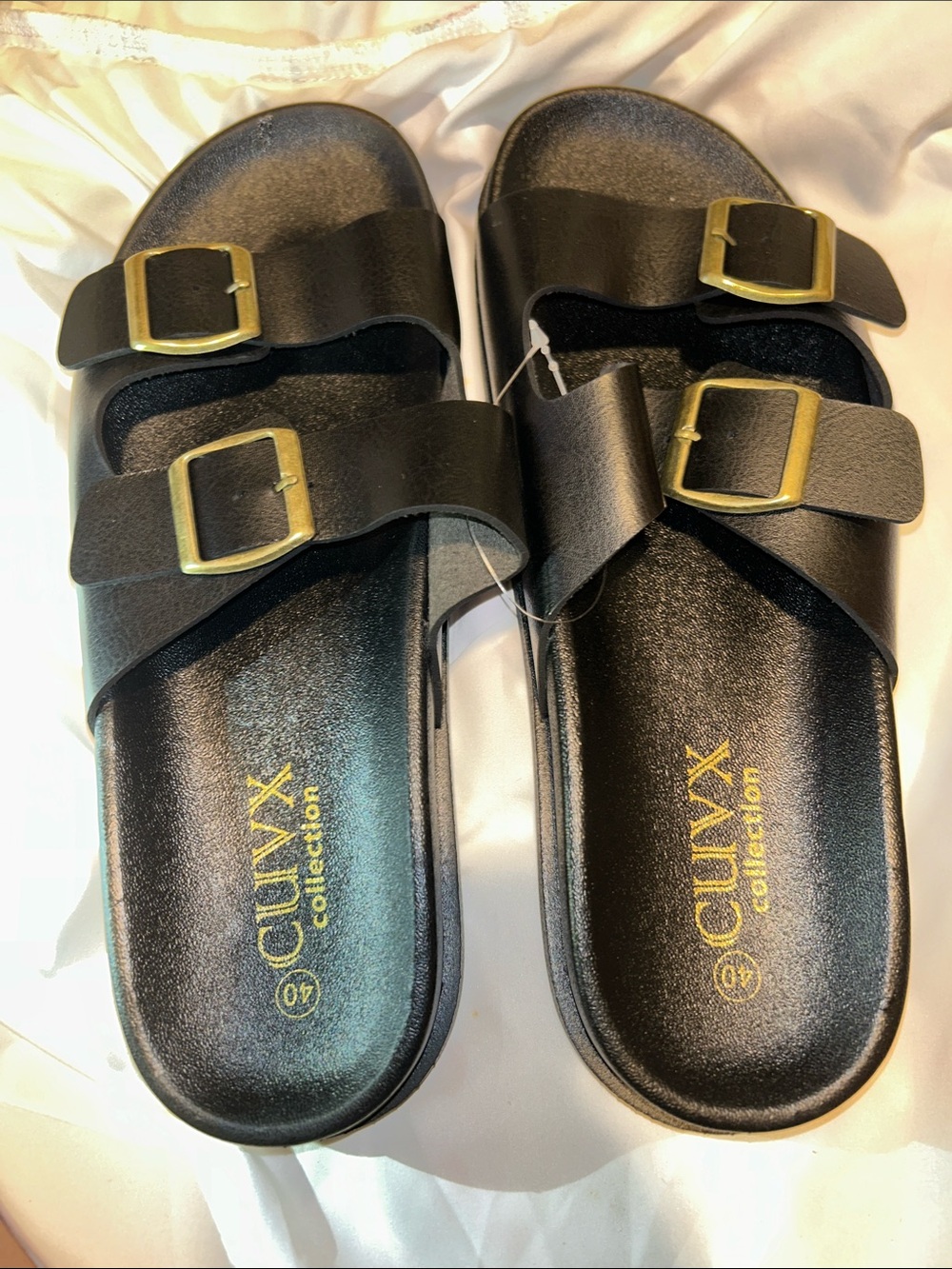 Cuvyx Collection Women's Black Double-Buckle Slide Sandals